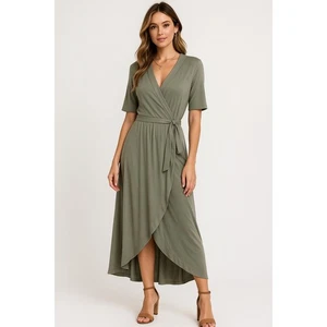 Quince Tencel Jersey Midi Wrap Dress Womens M Sage Green Minimalist Elegant - Picture 1 of 21