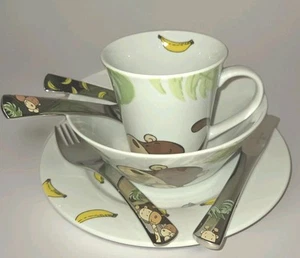 Auerhahn Sino Set Pranzo Bambini Scimmia 7 Pezzi Piatto Tazza Ciotola Utensili Germania - Foto 1 di 24