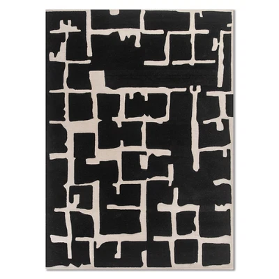 Alfombra de lana acolchada área negra, alfombra de lana abstracta hecha a mano alfombra de lana habitación Foto 1 de 4