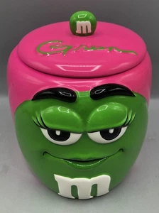 Tarro de caramelo para galletas vintage 2003 M&M cerámica 6” con tapa verde rosa galería - Imagen 1 de 16