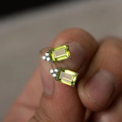 Natural Peridot Octagon Stone 925 Sterling Silver Women Designer Stud Earrings - Image 1 of 4