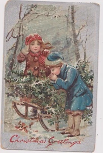 Antique 1909 Raphael Tucks CHRISTMAS LITTLE GIRLS IN BLIZZARD BY SLED - Picture 1 of 2