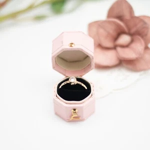 Luxury Antique Style Mini Octagon Shape Pink Single Ring Box Velvet - Picture 1 of 5
