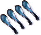 4pc 5.5" Table Spoons Blue and Dark Brown Asian Ceramic Soup Spoons Tea Spoons