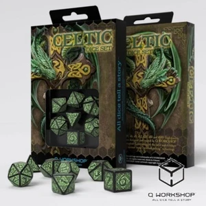 Q-WORKSHOP - CELTIC 3D REVISED RPG JUEGO DE DADOS DE CUBO - NEGRO-VERDE - NUEVO/EMBALAJE ORIGINAL - Imagen 1 de 2