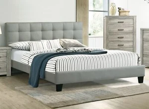 Contemporary 1pc Queen Size Bed Grey Polyfiber Tufted Headboard Platform Bedfram - Picture 1 of 9
