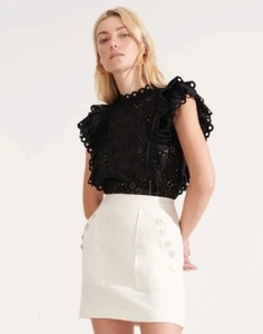 NWT Veronica Beard Calisata Ruffled Eyelet Top Size 10 Black Embroidered Cotton - Picture 1 of 14