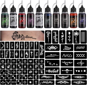 Kit Tatuaggio Finto Temporaneo 10 Bottiglie Inchiostri Colorati, 84 Pezzi, Con S - Foto 1 di 12