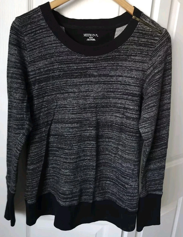Merona Women's Heather Black Zip Shoulder Sweat Shirt Size Medium L.S. EUC  - Image 1 of 4
