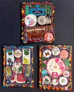 PINBACK BUTTON ART SET 3x Unique Handmade Original Vintage Pin Mixed Collage Lot - Picture 1 of 7