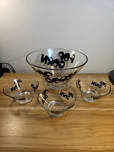 Vintage Wheaton Glass Popcorn Bowl 4 Piece Set Black Letters Words Retro MCM 70s - Picture 1 of 14
