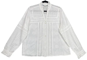 Sundance Top Womens L White Eyelet Crochet Blouse Shirt Ruffle Boho Cottagecore - Picture 1 of 13