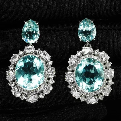 诱人的北极蓝色海蓝宝石 14.20 克拉 925 纯银白金耳环 — 第 1/4 张图片