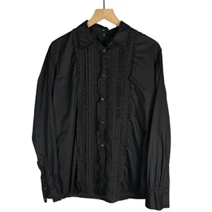 GAP Black Pleated Ruffle Button Up Shirt Women Sz 16 Cotton Whimsy Gothic Dark - Picture 1 of 8