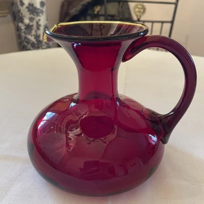 VTG Handblown Ruby Red Amberina Glass Pitcher Applied Handle Yellow Hue Rim - Image 1 of 4