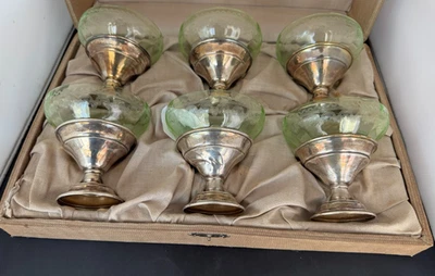 ANTIQUE STERLING SILVER SHERBERTS WITH GREEN FOSTORIA NEEDLE ETCH INSERTS - Image 1 of 4
