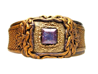 Adjustable Genuine Sculpted  Leather Cuff Bracelet-Bronze-Enamel - Image 1 of 4