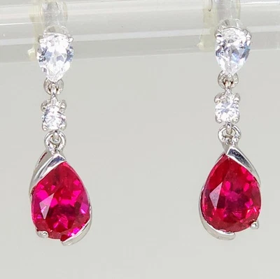 14k White Gold Earrings Lab-Created Ruby & White Sapphire Dangle Drop 2.5CTW - Image 1 of 4