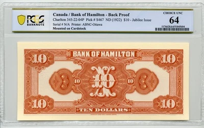 1922 $20 Bank of Hamilton, Jubilee Issue, BACK PROOF - PCGS CHOICE UNC 64 - Image 1 of 2
