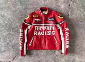Men Ferrari Red Biker Leather Jacket Racing Motorcycle Real Cow Leather Jacket - Foto 1 di 6
