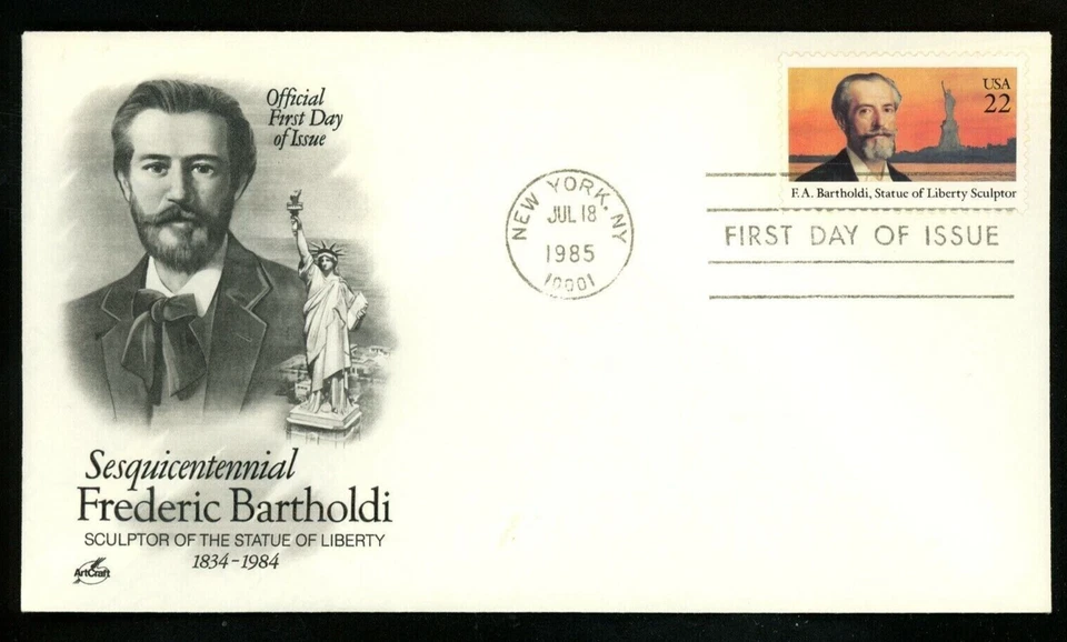 STATUE OF LIBERTY SCULPTOR AUGUSTE BARTHOLDI 1985 ARTCRAFT CACHET FDC VF UNADDR - Image 1 of 1