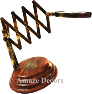 Vintage Style Desk Top Channer Magnifier Brass Magnifying Glass on Wooden Stand - Picture 1 of 5
