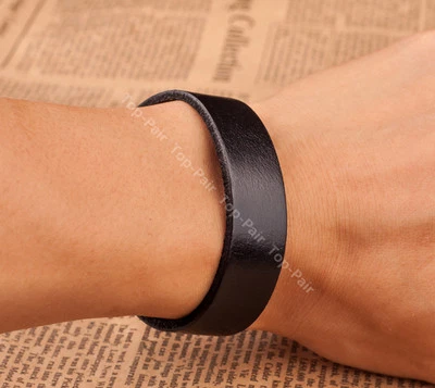 Cool Mens Single Band Surfer Genuine Leather Bracelet Wristband Cuff Black 1.6CM - Image 1 of 4