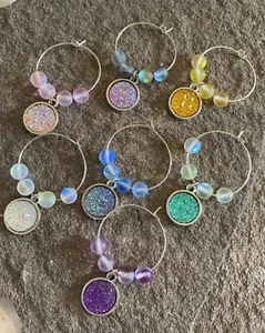 Wine Glass Charms 7 Colors Sparkle Druzy Charms & Matte Glass Moonstone Beads - Picture 1 of 6