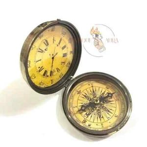 Nautical Brass Pocket Compass with Analog Clock 3" Home & Office Table Decor - Picture 1 of 5