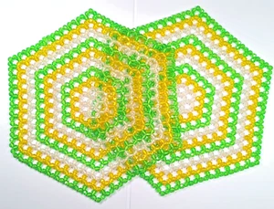Vintage Handmade Faceted Beaded Doilies Trivet 2 Placemats Hexagonal Retro 13" - Picture 1 of 17