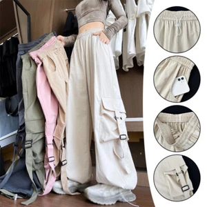 Women Wide Leg Cargo Pants High Waist Casual Loose Pocket Trousers Sports Pants - Picture 1 of 29