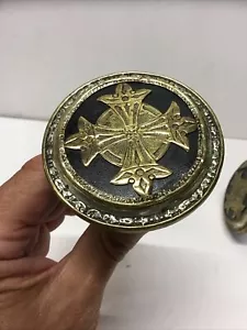 Pair Victorian Era Drapery Tiebacks Brass, Silver & Wood Turning 2.75” Rd.x3.75” - Picture 1 of 9