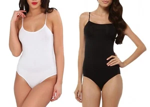 Womens Black White Sleeveless Bodysuit Thin Strap Vest Bodysuit Leotard - Picture 1 of 6
