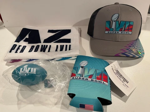 Super Bowl LVII Memorabilia Bundle: Hat, Koozie, Towel and Squeeze Football Cover