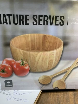 Bamboo 12inch Salad Bowl With Serving Utensils  - Image 1 of 4