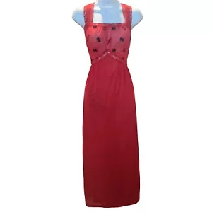 Vintage 1950s Strutwear Embroidered Slip Nightie Size 36 Red Black Floral Nylon - Picture 1 of 8