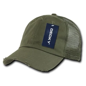 Distressed Mesh Cap - Olive, Washed Cotton Trucker Hat (Decky 110-OLIVE) - Picture 1 of 3