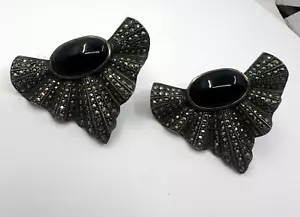 Orecchini 925 firmati Judith Jack enorme marcasite onice drappo 29,8 grammi - Foto 1 di 5