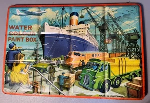 Lithographed Tin Paint Box 1950s Watercolors Made In England Large Size - Picture 1 of 8