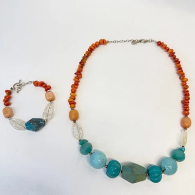 Barse 石珠项链和手链套装绿松石 Howlite 石英珊瑚玛瑙 — 第 1/4 张图片