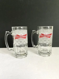 VTG Budweiser Beer Mug Red Logo Frosted Glass Heavy 32oz Stein Handle Set of 2 - Picture 1 of 12