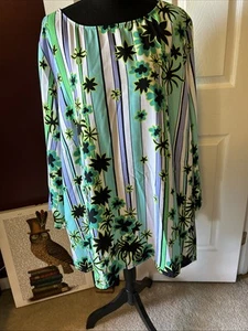 Bob Mackie Scoop Neck Floral & Stripe Printed Top 3X Greens & Blues Light, Soft - Picture 1 of 11