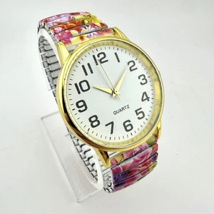 Women Watch 38mm Gold Tone Floral 6.5" Stretch Band Easy Read Dial, New Battery - Picture 1 of 12