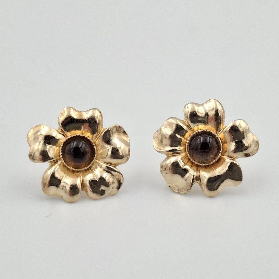 10K Yellow Gold Cabochon Smokey Quartz Bold 5-Petal Flower Stud Earrings - Image 1 of 4