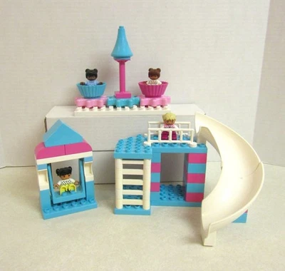 Lego DUPLO Playground Pink Aqua Blue Swing Slide & Spinning Cupcakes with 4 Kids - Image 1 of 4