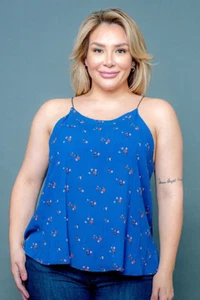 Blue Floral TANK TOP Size 1XL Womens Plus SPAGHETTI SHOULDER STRAPS Dressy - Picture 1 of 4