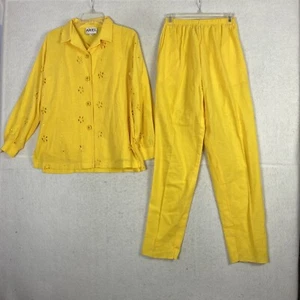 VTG Womens 3 PC Pant Set Yellow Eyelet Jacket Tank Pants Size S USA Ariel - Picture 1 of 21