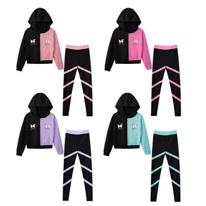 Kids Girls Set Sports Outfit Crop Top Suit Colorblock Outfits School Sweatsuit - Picture 1 of 49