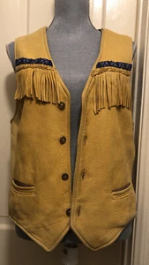 NETTI  Handmade Yellow Leather Vest With Beaded Trim And Fringe Size Medium - Picture 1 of 9