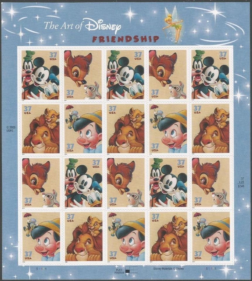 Sheet of 20 stamps - Scott 3865-68 - 37 cent - Disney Friendship - 2004 - MNH - Image 1 of 1